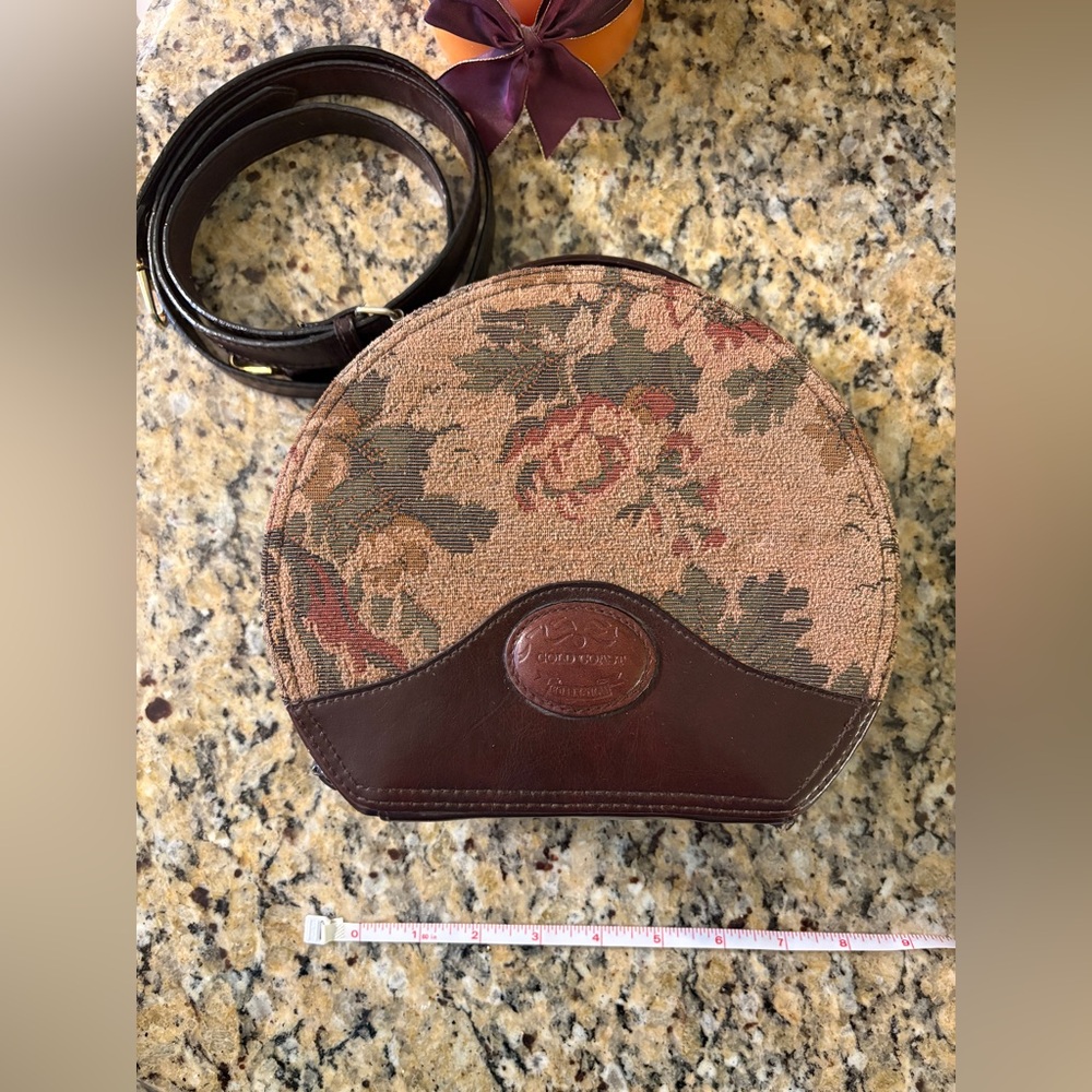 Gold Coast Collection Floral Tapestry Brown Leather Round Crossbody